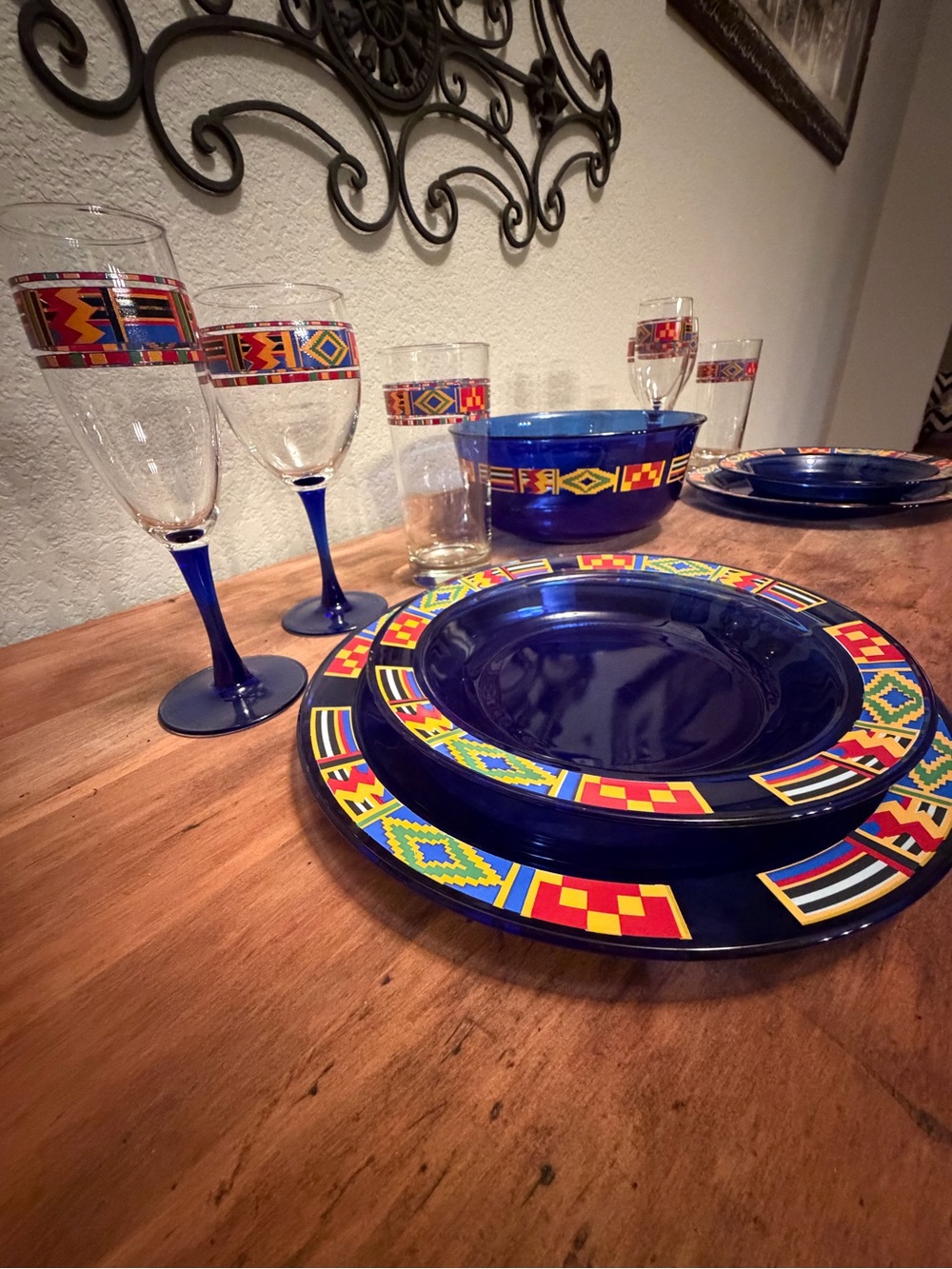 Vintage Arcoroc France Kente Flag Cobalt Blue and Colorful Band - Picture 3 of 6